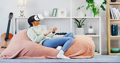 Buy stock photo Woman, relax and vr headset at house for streaming, digital interaction or gaming for 3D experience. Female person, rest and virtual reality glasses to explore metaverse, simulation and entertainment