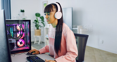 Buy stock photo Woman, gaming and computer with technology for streamer, esports and online hobby in home. Headphones, gen z content creator and streaming with video game, tournament or internet challenge for vlog