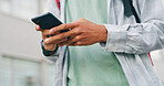 Hands, phone and walking with student in city for commute to high school or study destination. App, text message and typing with person outdoor in urban town for communication, education or travel