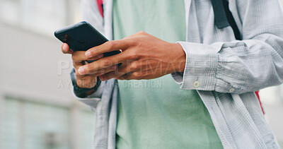Buy stock photo Hands, phone and walking with student in city for commute to high school or study destination. App, text message and typing with person outdoor in urban town for communication, education or travel