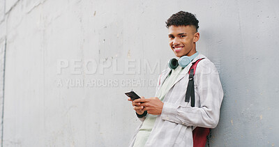Buy stock photo Phone, portrait and smile with teen boy in city for commute to high school destination. App, mockup space and typing with happy student outdoor in urban town for break, communication or education