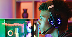 Gamer, profile and teen with headset in home for esports competition, action or contest. Headphones, boy and gaming with computer for gameplay challenge, online match or streaming audio with RGB