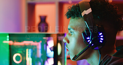 Buy stock photo Gamer, profile and teen with headset in home for esports competition, action or contest. Headphones, boy and gaming with computer for gameplay challenge, online match or streaming audio with RGB
