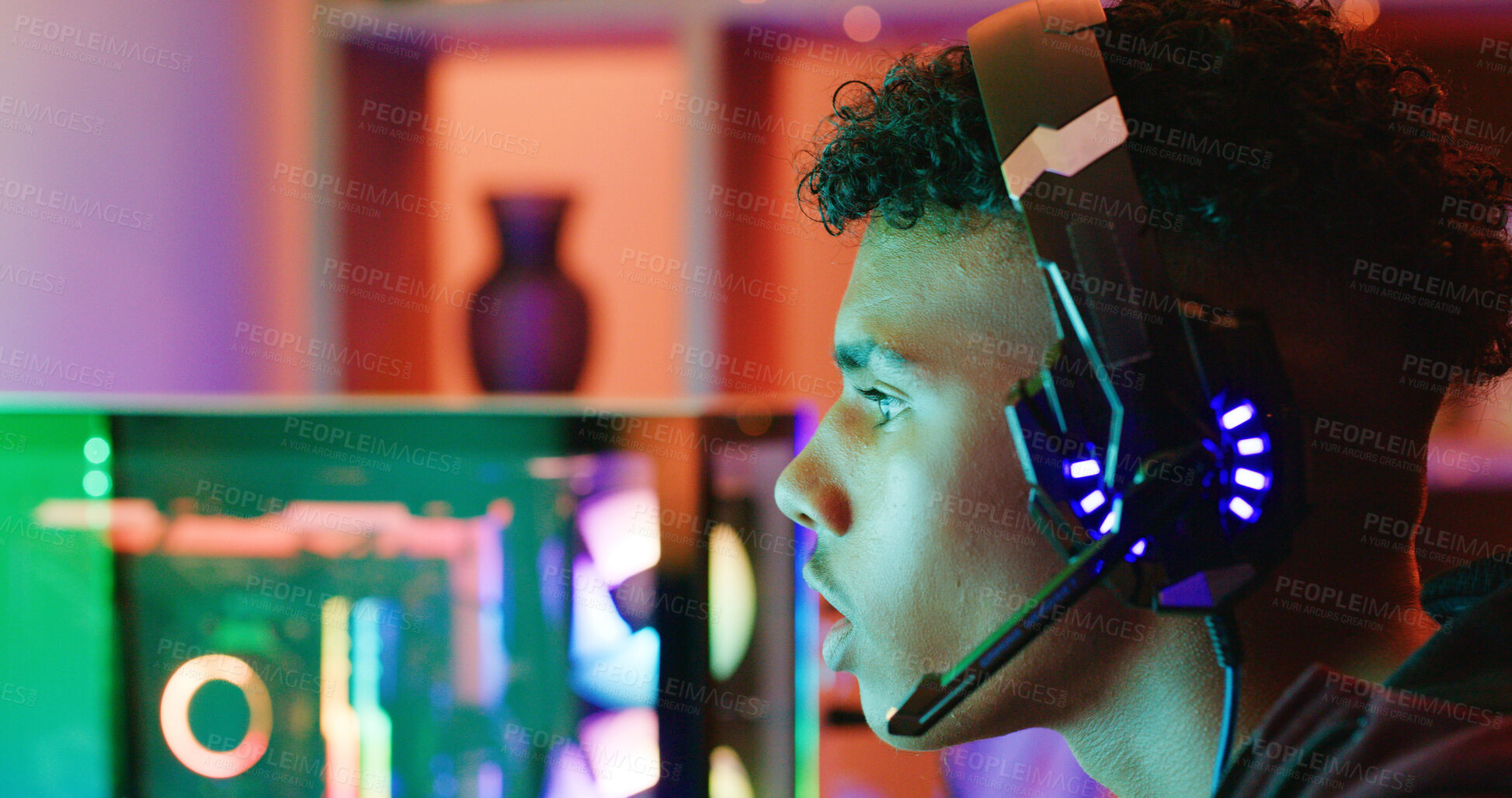 Buy stock photo Gamer, profile and teen with headset in home for esports competition, action or contest. Headphones, boy and gaming with computer for gameplay challenge, online match or streaming audio with RGB