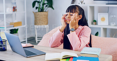 Buy stock photo Eye strain, fatigue and laptop with teen girl in bedroom of home for education, learning or study. Bored, computer and remote course with tired student at desk in apartment for school assignment