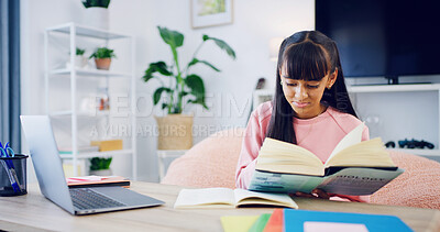 Buy stock photo Girl, student and books with reading in home for online course, review and prepare for high school exam. Teenager, study and laptop for e learning, scholarship or education for biology test at house