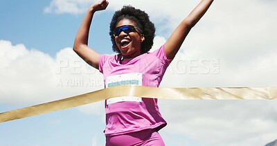 Buy stock photo Celebration, runner and black woman with fitness, marathon and achievement with track competition. African person, winner or athlete with goals, success and smile with race, victory or accomplishment
