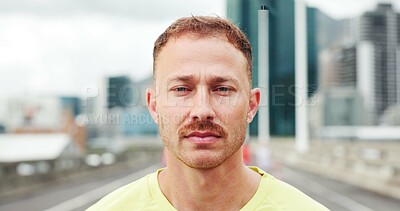 Buy stock photo Runner, fitness and portrait of man in city with confidence for exercise, training and wellness in morning. Serious, athlete and person in urban town for sports hobby, challenge and health outdoor