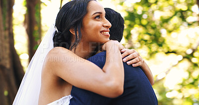 Buy stock photo Wedding, couple and smile with hug at park for marriage ceremony, celebration and love commitment. Happy people, bride and groom with embrace at outdoor event for relationship union, bonding or bokeh