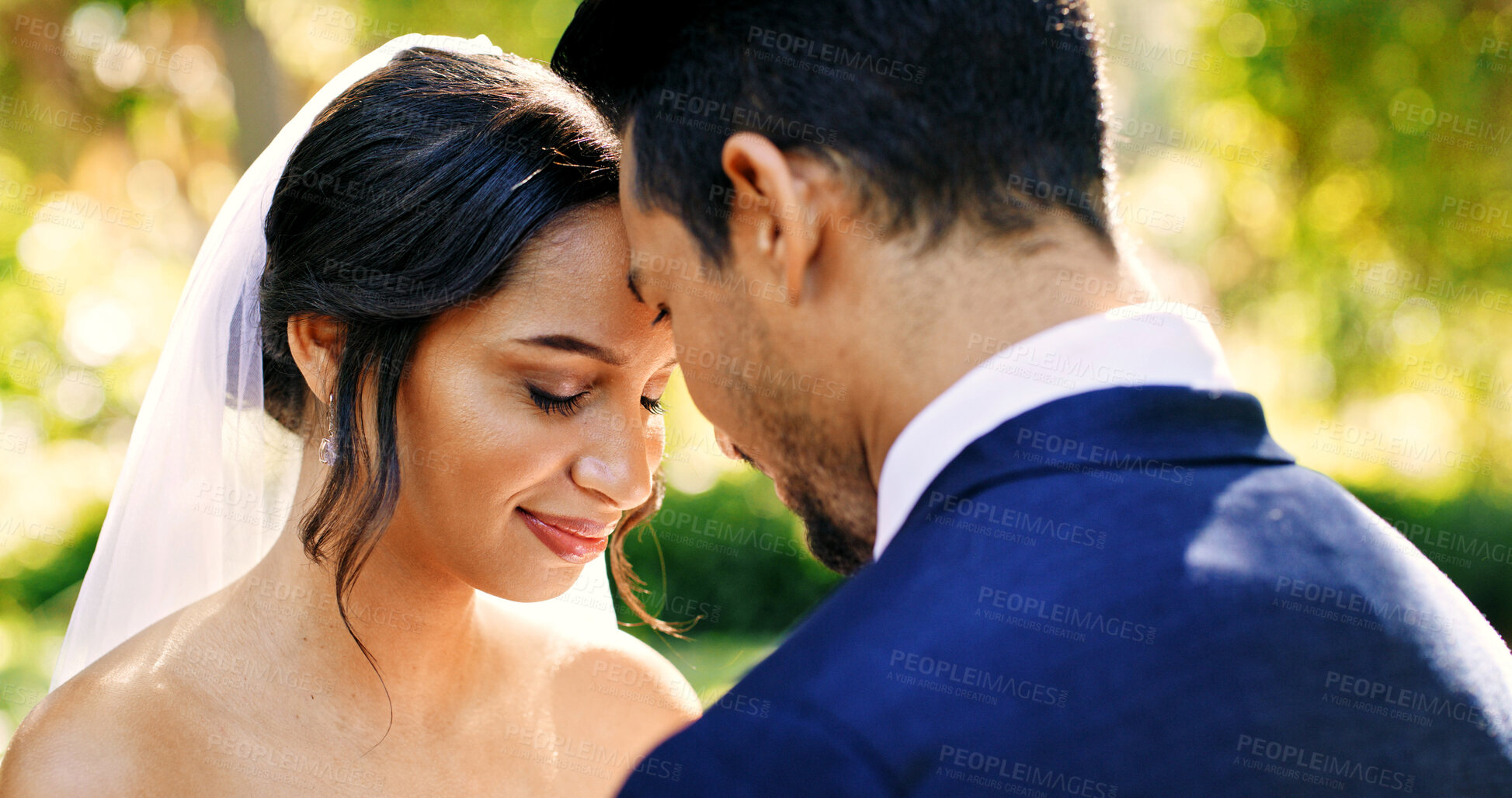 Buy stock photo Wedding, happy couple and love in park with nature, support and celebration for bridal union or marriage. Bride, groom and forehead touch in garden for life partner, commitment and together outdoor