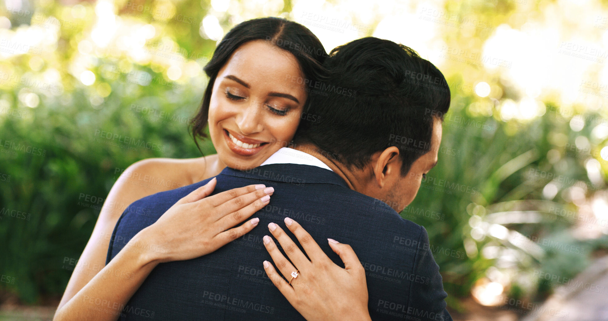 Buy stock photo Happy couple, hug and wedding with marriage for love, commitment or trust in outdoor garden. Woman, man or lovers with smile, unbreakable vow or embrace for engagement, ceremony or loyalty in nature