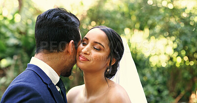 Buy stock photo Wedding, couple and smile with love at park for marriage celebration, partnership and commitment. Happy people, bride and groom with romance at outdoor event for relationship union, bonding and bokeh