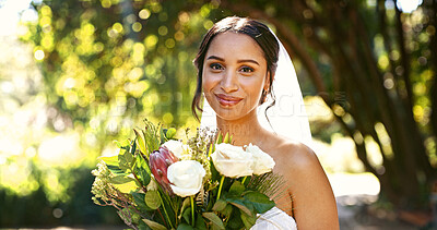 Buy stock photo Flowers, wedding bride and woman at park for love, romance and celebration at special event. Smile, marriage and person with bridal bouquet, ceremony and outdoor in nature with portrait with bokeh