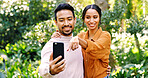 Happy couple, phone and video call with good news for engagement, proposal or relationship. Man, woman or lovers with smile, app or mobile smartphone for online conversation, marriage or commitment