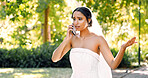 Phone call, frustrated and woman in park with wedding day, argument and angry with bad news. Marriage stress, technology and conversation with bride for fight, communication or trouble with rejection