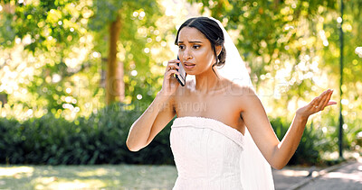 Buy stock photo Phone call, frustrated and woman in park with wedding day, argument and angry with bad news. Marriage stress, technology and conversation with bride for fight, communication or trouble with rejection
