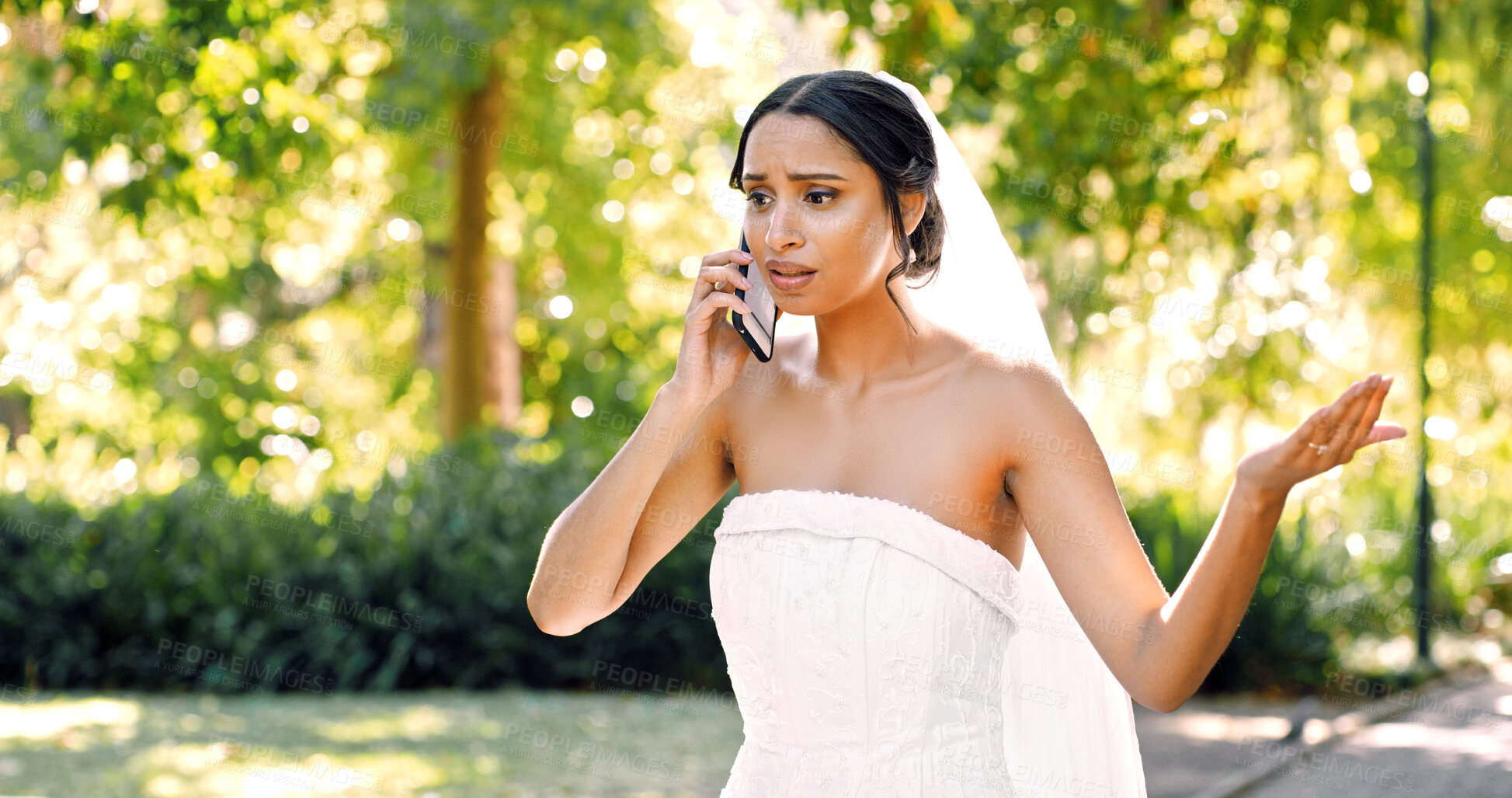 Buy stock photo Phone call, frustrated and woman in park with wedding day, argument and angry with bad news. Marriage stress, technology and conversation with bride for fight, communication or trouble with rejection