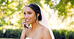 Phone call, wedding bride and happy woman at park for listening, event coordination and bokeh. Mobile, marriage and person speaking outdoor with contact, planning ceremony and schedule update