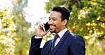 Smile, business and man with phone call outdoor for consultation, real estate and contact client. Bokeh, male relator and mobile discussion, property negotiation and buyer inquiry with offer at park
