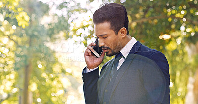 Buy stock photo Sad, confused man and phone call for wedding day, marriage fail or issue in park. Communication, stress and unhappy groom with technology, conflict and frustrated with argument or crisis discussion