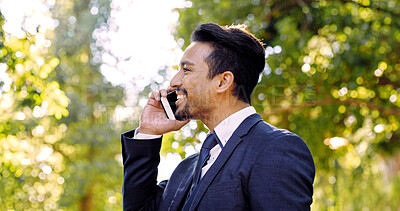 Buy stock photo Happy, business and man with phone call outdoor for consultation, real estate and contact client. Bokeh, male relator and mobile discussion, property negotiation and buyer inquiry with offer at park