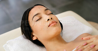 Buy stock photo Woman, sleeping and facial acupuncture in spa for beauty, stress relief and traditional medicine. Above, female person or rest at wellness clinic with needle for skincare, healing or pain management.