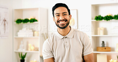 Buy stock photo Portrait, happy man and physiotherapist in office for health, wellness or about us for service. Confidence, person and physical therapist in clinic for healing, chiropractor and medical professional