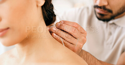 Buy stock photo Neck, people and needles for acupuncture at spa for muscle tension, natural pain relief and healing. Closeup, woman and physical therapy with traditional medicine, joint inflammation and dry needling