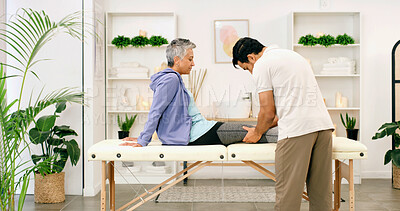 Buy stock photo Physiotherapy, leg exam or woman in clinic for consultation, aid or mobility service in rehabilitation. Healthcare, mature or chiropractor in center with checkup, injury or visit for muscle recovery.