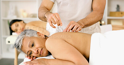 Buy stock photo Hands, mature woman and acupuncture needles at spa for back pain relief, muscle tension and healing. Acupuncturist, client and traditional chinese practice at wellness center for menopause and health