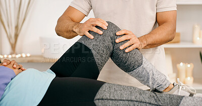 Buy stock photo Physiotherapy, knee pain and physiotherapist with woman in clinic for muscle recovery support. Healthcare, checkup and chiropractor with female patient with leg exercise for rehabilitation in office.