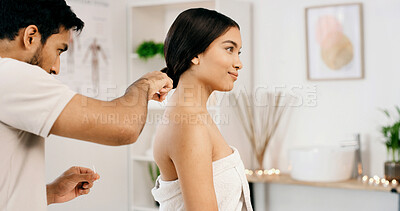 Buy stock photo Smile, people and needles for acupuncture at spa for muscle tension, natural pain relief and healing. Woman, back and physical therapy with traditional medicine, joint inflammation and dry needling