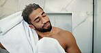 Man, towel and smile with hair care in bathroom, grooming and dry scalp for shampoo treatment in home. Person, cloth and cleaning with hairstyle, wash and morning routine with hygiene at apartment