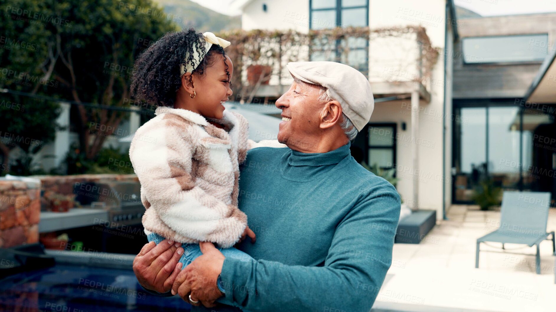 Buy stock photo Smile, grandfather and child at new house for real estate, property purchase and bonding together. Happy, interracial family and senior man with kid, homeowner and babysitting grandchild in backyard
