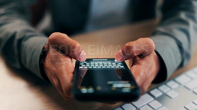 Buy stock photo Hands, phone screen and text message with business person at desk in office for communication. App, fingers and typing with employee in workplace for mobile chatting, post update or reply closeup