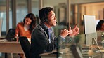 Man, explain and headset with computer in call centre for customer service, online query and billing. Agent, pc and consultation for payment solution, client information and script for refund request