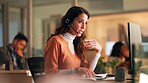 Woman, headset and computer in call centre at night for customer service, online query and billing. Agent, pc or coworking for payment solution, client information and working late for refund request