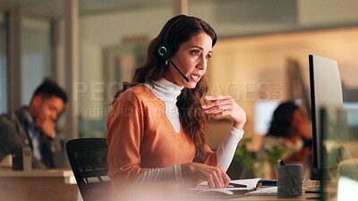 Buy stock photo Woman, headset and computer in call centre at night for customer service, online query and billing. Agent, pc or coworking for payment solution, client information and working late for refund request