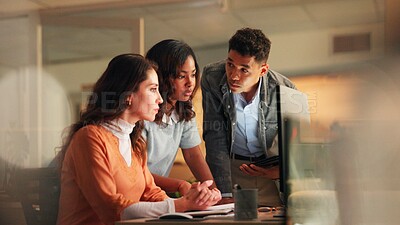 Buy stock photo Computer, feedback and business people in office at night with creative project in collaboration. Review, technology and manager with magazine editors for advice on article for publishing deadline.