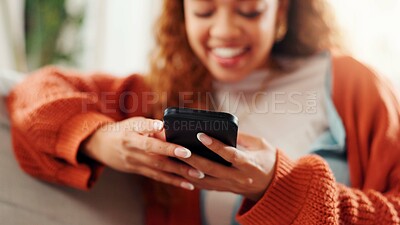 Buy stock photo Phone, relax and hands with woman on sofa in home for social media, streaming online video and post comment. Contact, communication app and digital chat platform with person in living room of house