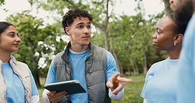 Buy stock photo Volunteer, tablet and group outdoor for meeting, planning and community service discussion. Tech, people and charity team at park for NGO delegation, donation project and point with non profit leader