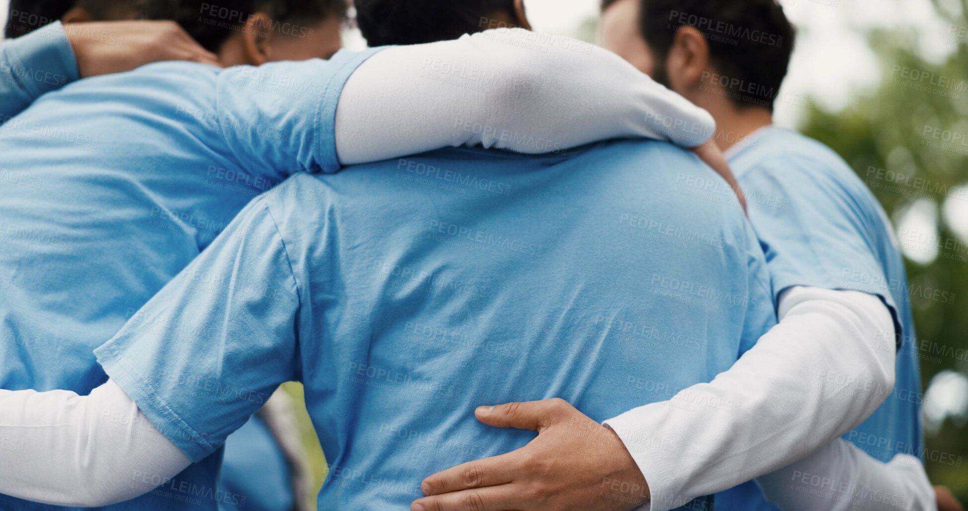 Buy stock photo Volunteer, group and back with huddle outdoor for community service, NGO and help for social responsibility. Support, team and people with circle for motivation, nonprofit and activism in park 