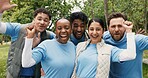 Celebration, portrait and volunteer people outdoor for food drive milestone, motivation or success. Donation, fist pump and support with excited friends in park together for community outreach