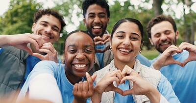 Buy stock photo Volunteer team, people and selfie with heart hands for community service, support or laugh. Charity group, portrait or picture at park with finger gesture for care, NGO or social media with funny POV