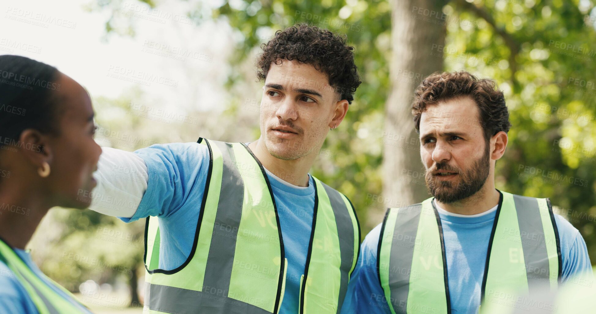 Buy stock photo Outdoor, volunteers and group with project, discussion or planning for community service and charity. People, conversation and collaboration for NGO, humanitarian and social responsibility in forest