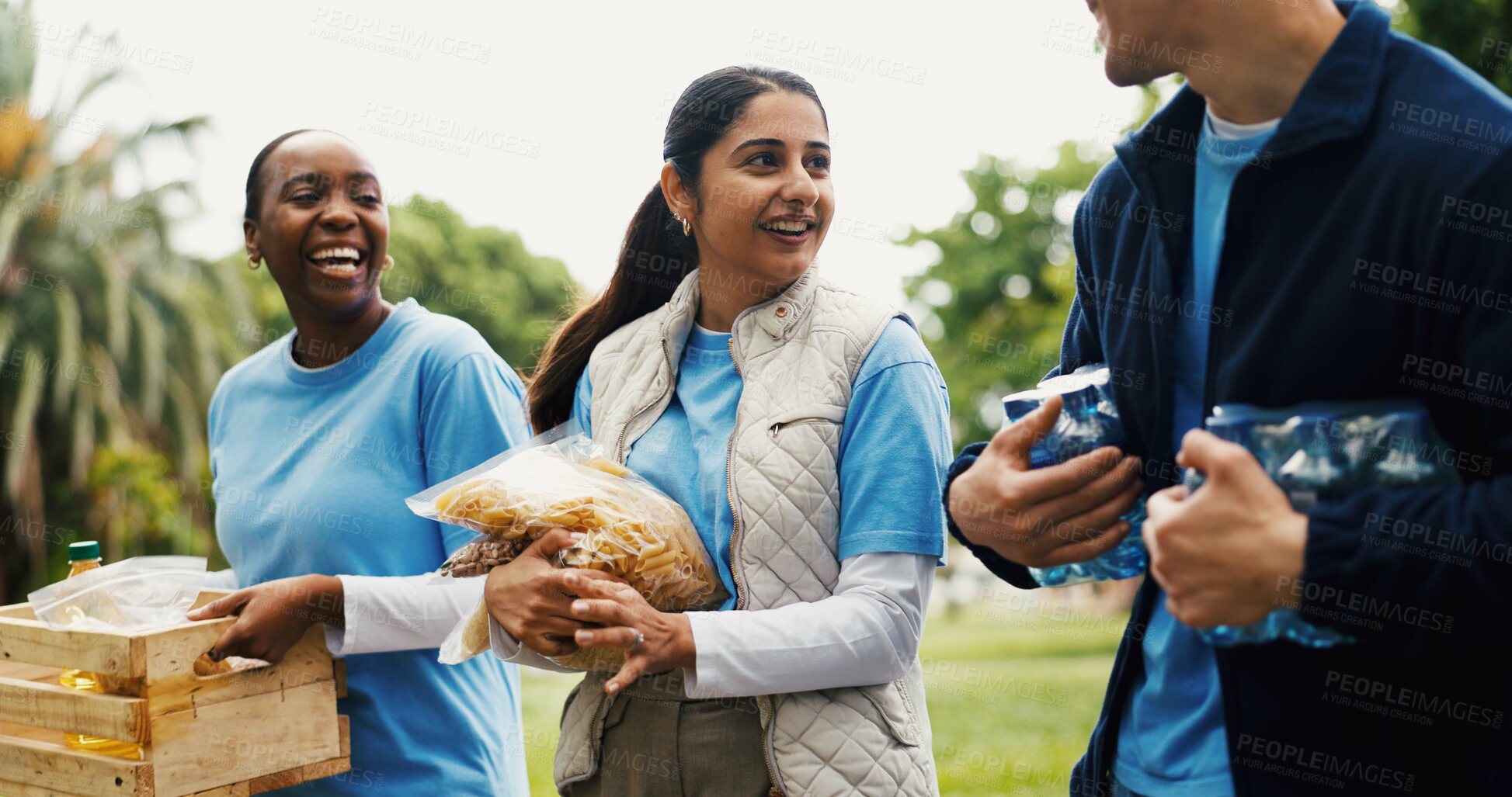 Buy stock photo Food, volunteer and team with woman in park for donation, community service or ngo project. Nonprofit support, grocery distribution and charity drive with group of people outdoor for outreach program