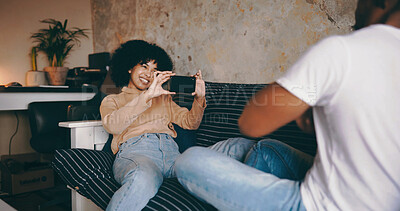 Buy stock photo Relax, woman and photography of partner on sofa for relationship memory, support and weekend break. Love, couple or happy with picture in home for status update, social media post or bonding together