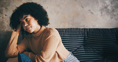 Buy stock photo Home, thinking and sad woman on sofa, stress and tired with burnout, fatigue and emotional. Apartment, regret and person on couch, memory and fail with mistake, mental health and contemplation