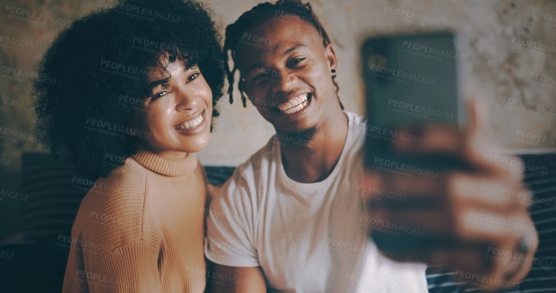 Buy stock photo Relax, couple or happy with selfie on sofa for relationship memory, profile picture or weekend break. Love, african people or smile with photo in home for status update, social media post or bonding