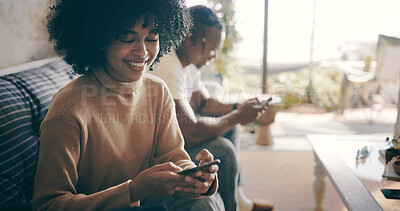 Buy stock photo House, relax and happy couple on couch, cellphone and message to contact, texting and network. Communication, man and woman on sofa, smartphone and social media with connection and smile in lounge